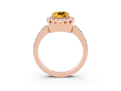 Rose gold Cushion Cut Diamond Halo Ring with Pavé Band and Prong Setting_3