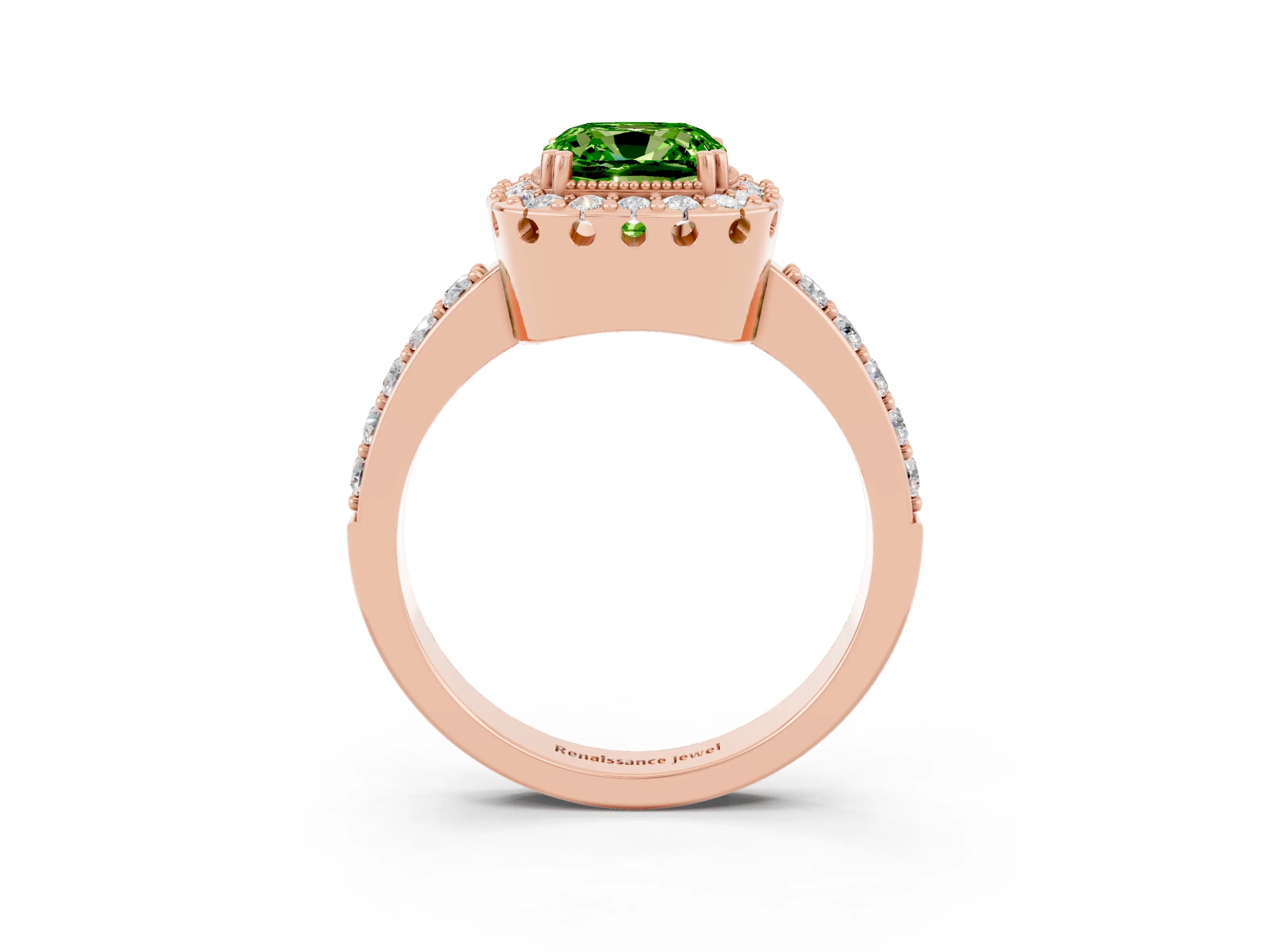Rose gold Cushion Cut Diamond Halo Ring with Pavé Band and Prong Setting_3