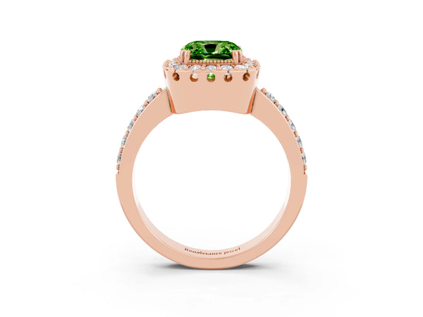Rose gold Cushion Cut Peridot Halo Ring with Pavé Band and Prong Setting