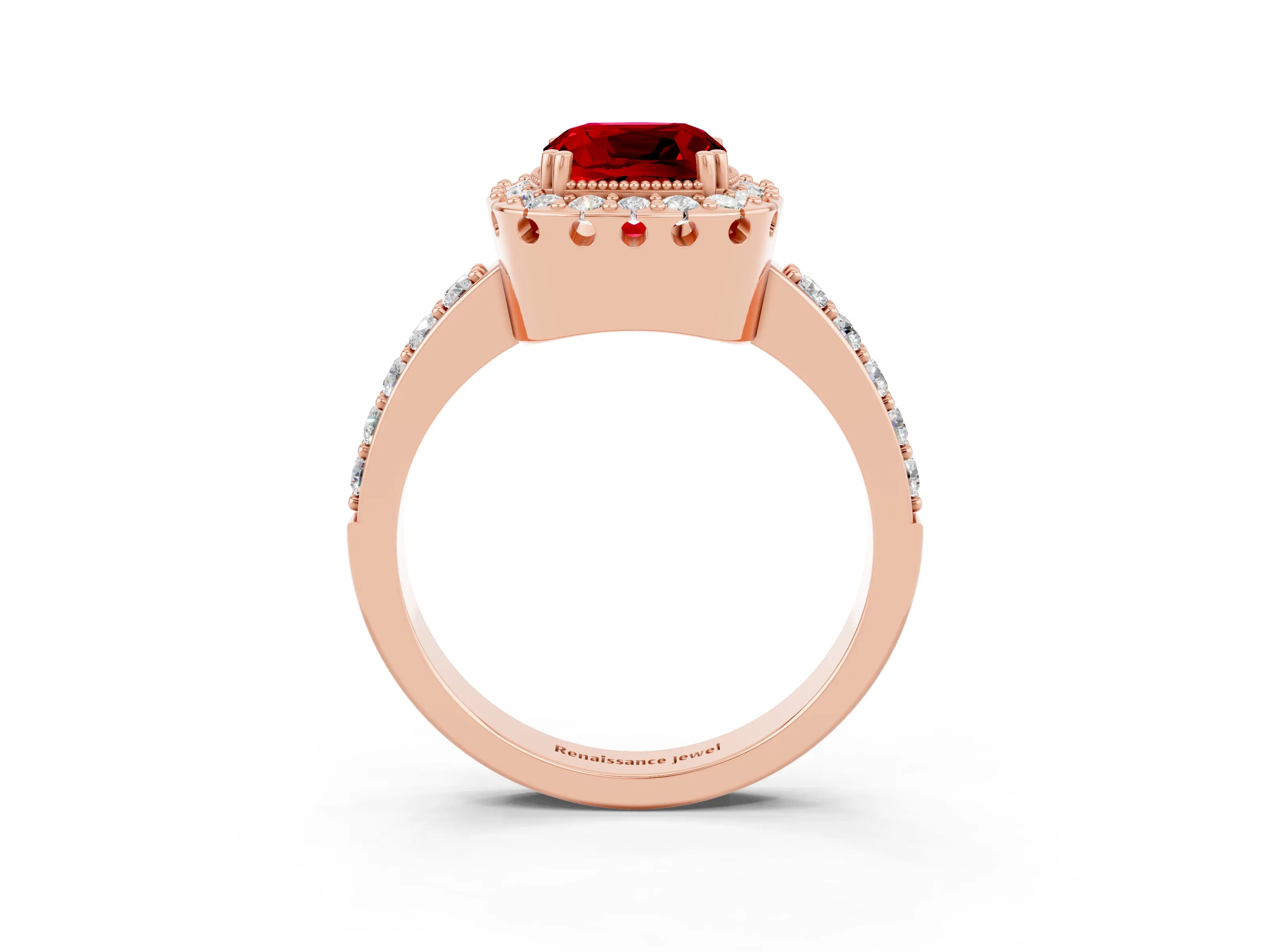 Rose gold Cushion Cut Diamond Halo Ring with Pavé Band and Prong Setting_3