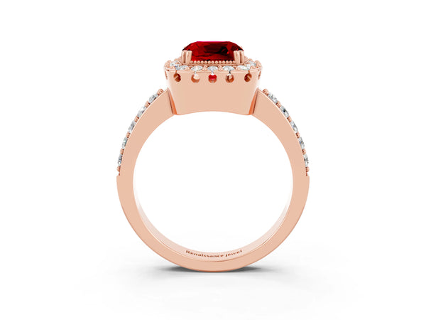 Rose gold Cushion Cut Ruby Halo Ring with Pavé Band and Prong Setting