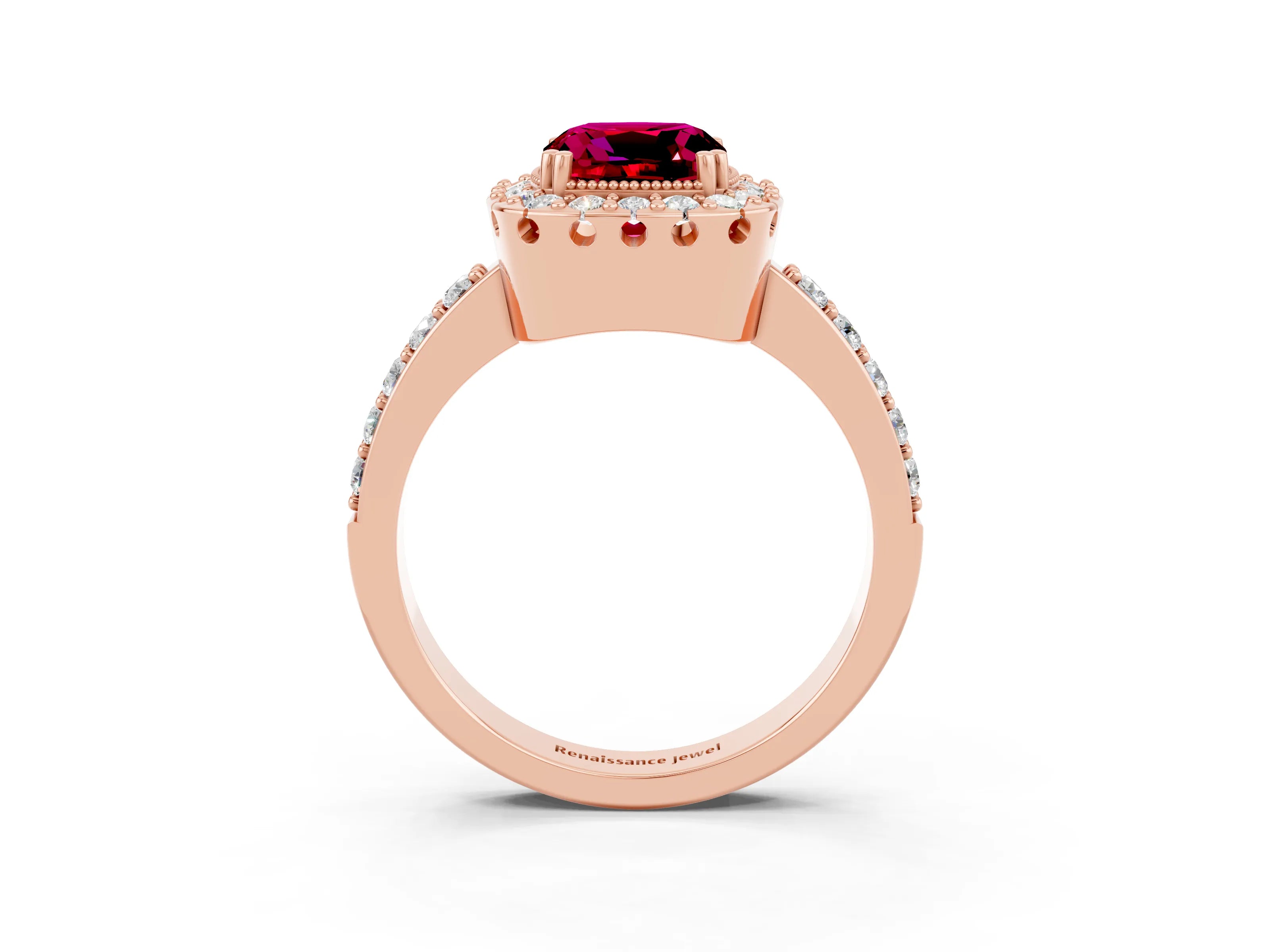 Rose gold Cushion Cut Diamond Halo Ring with Pavé Band and Prong Setting_3