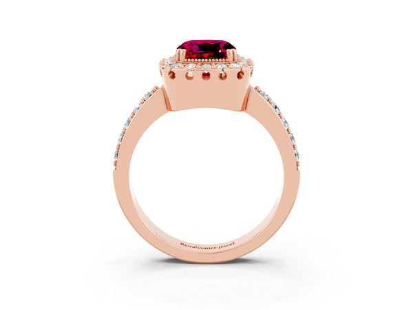 Rose gold Cushion Cut Garnet Halo Ring with Pavé Band and Prong Setting