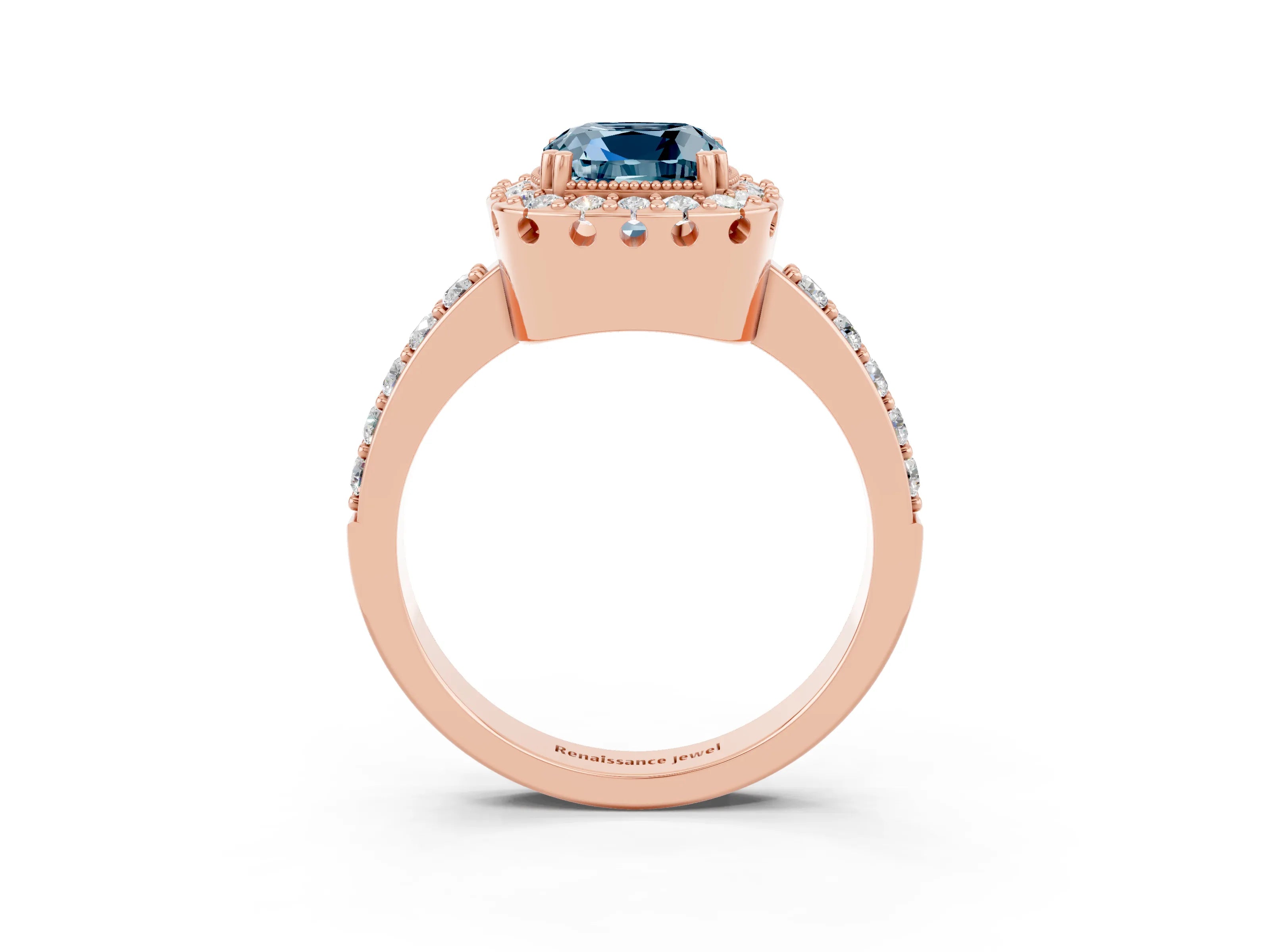 Rose gold Cushion Cut Diamond Halo Ring with Pavé Band and Prong Setting_3