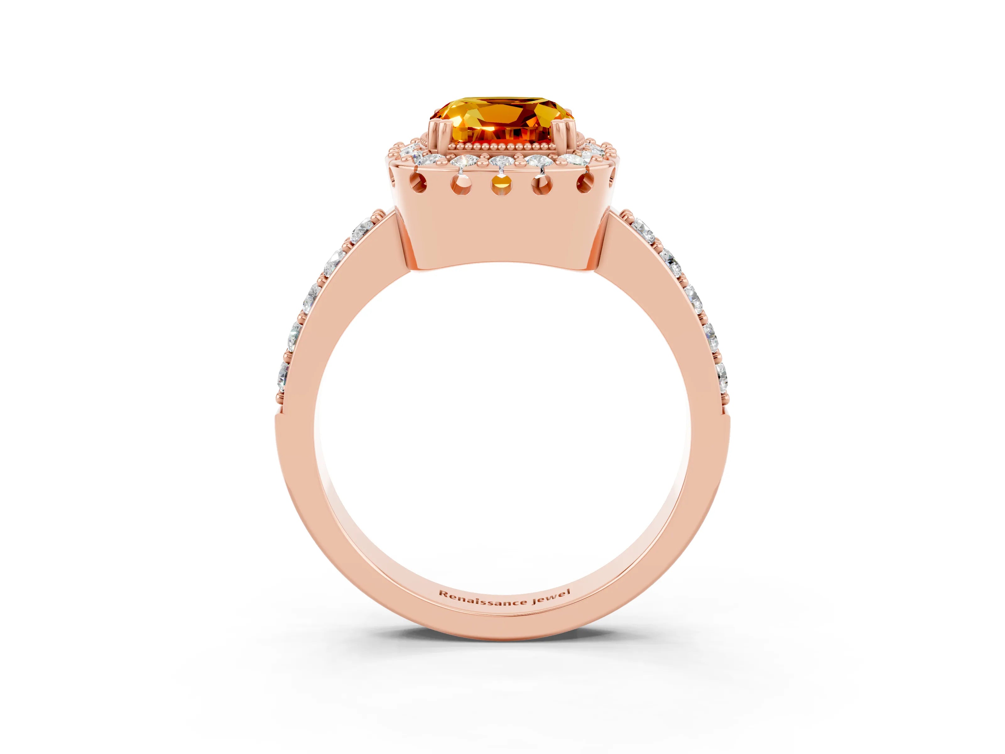 Rose gold Cushion Cut Diamond Halo Ring with Pavé Band and Prong Setting_3