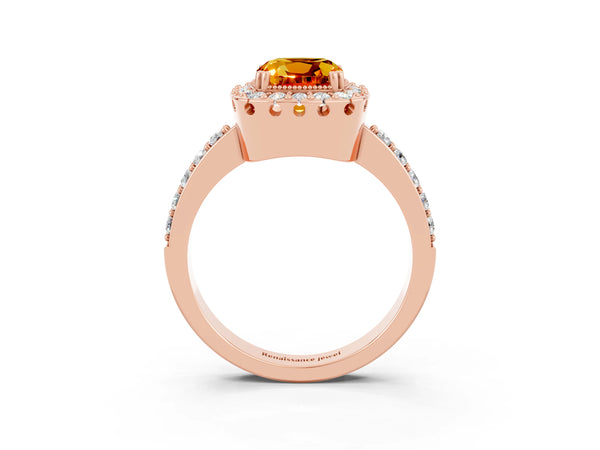Rose gold Cushion Cut Citrine Halo Ring with Pavé Band and Prong Setting