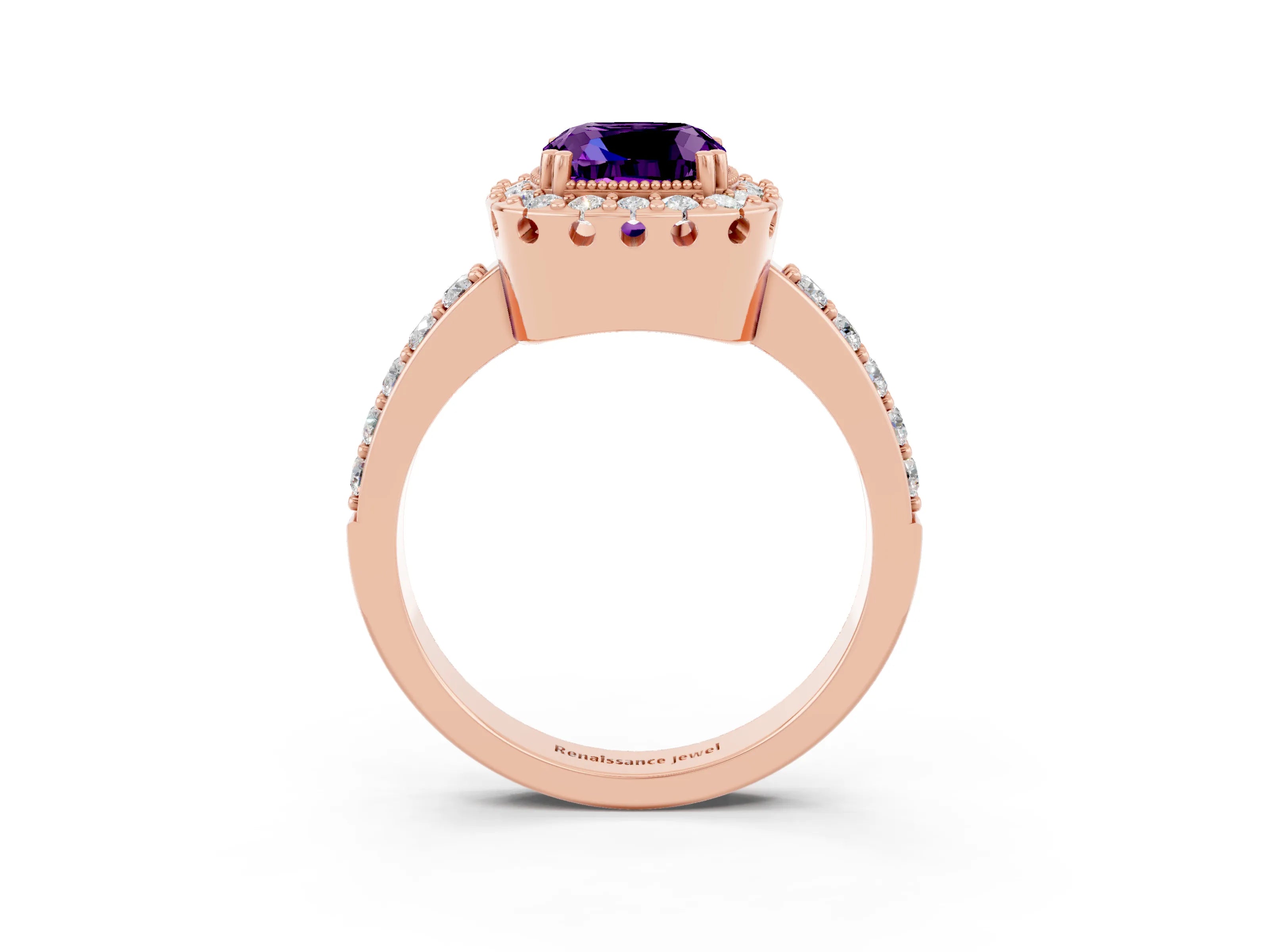 Rose gold Cushion Cut Diamond Halo Ring with Pavé Band and Prong Setting_3