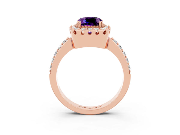 Rose gold Cushion Cut Amethyst Halo Ring with Pavé Band and Prong Setting