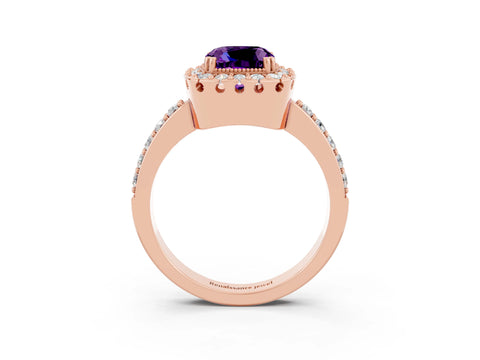 Rose gold Cushion Cut Diamond Halo Ring with Pavé Band and Prong Setting_3
