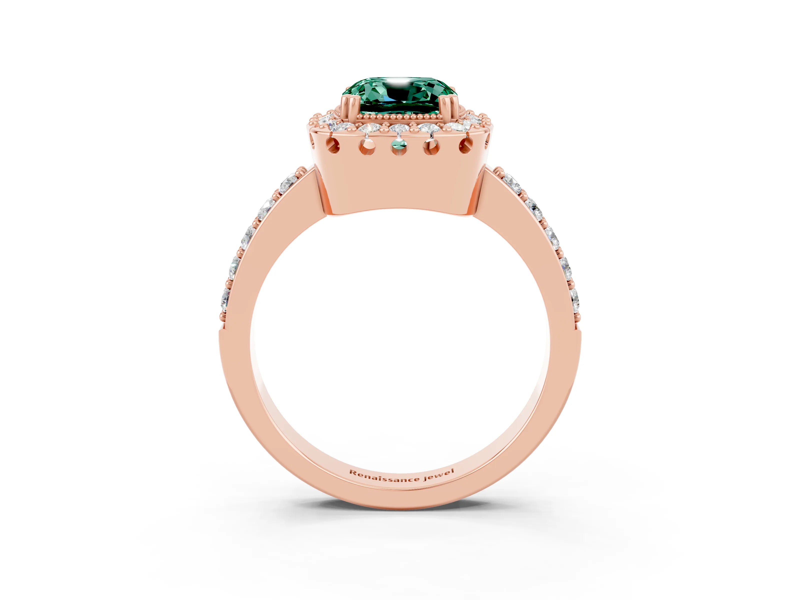 Rose gold Cushion Cut Diamond Halo Ring with Pavé Band and Prong Setting_3