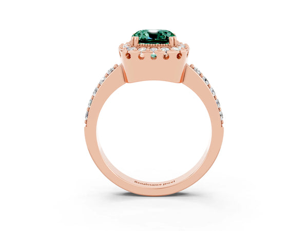 Rose gold Cushion Cut Green Sapphire Halo Ring with Pavé Band and Prong Setting
