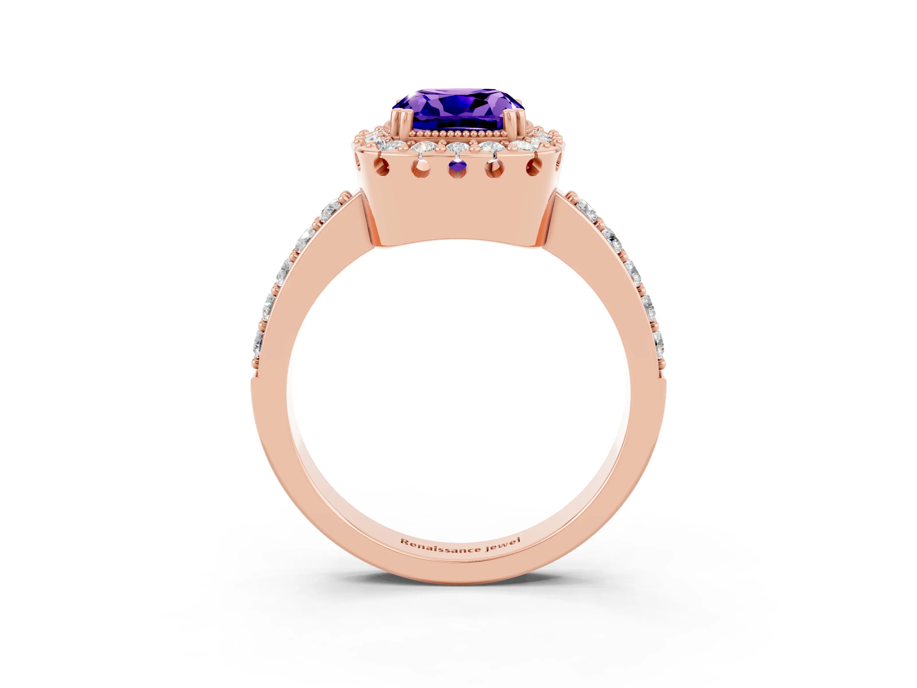 Rose gold Cushion Cut Diamond Halo Ring with Pavé Band and Prong Setting_3