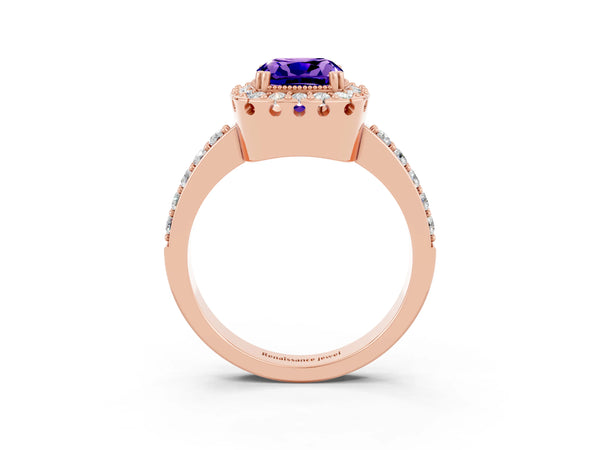 Rose gold Cushion Cut Tanzanite Halo Ring with Pavé Band and Prong Setting