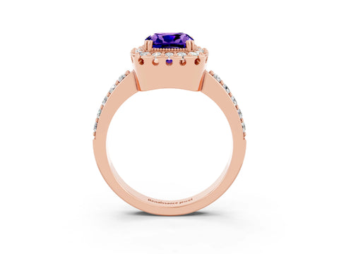 Rose gold Cushion Cut Diamond Halo Ring with Pavé Band and Prong Setting_3