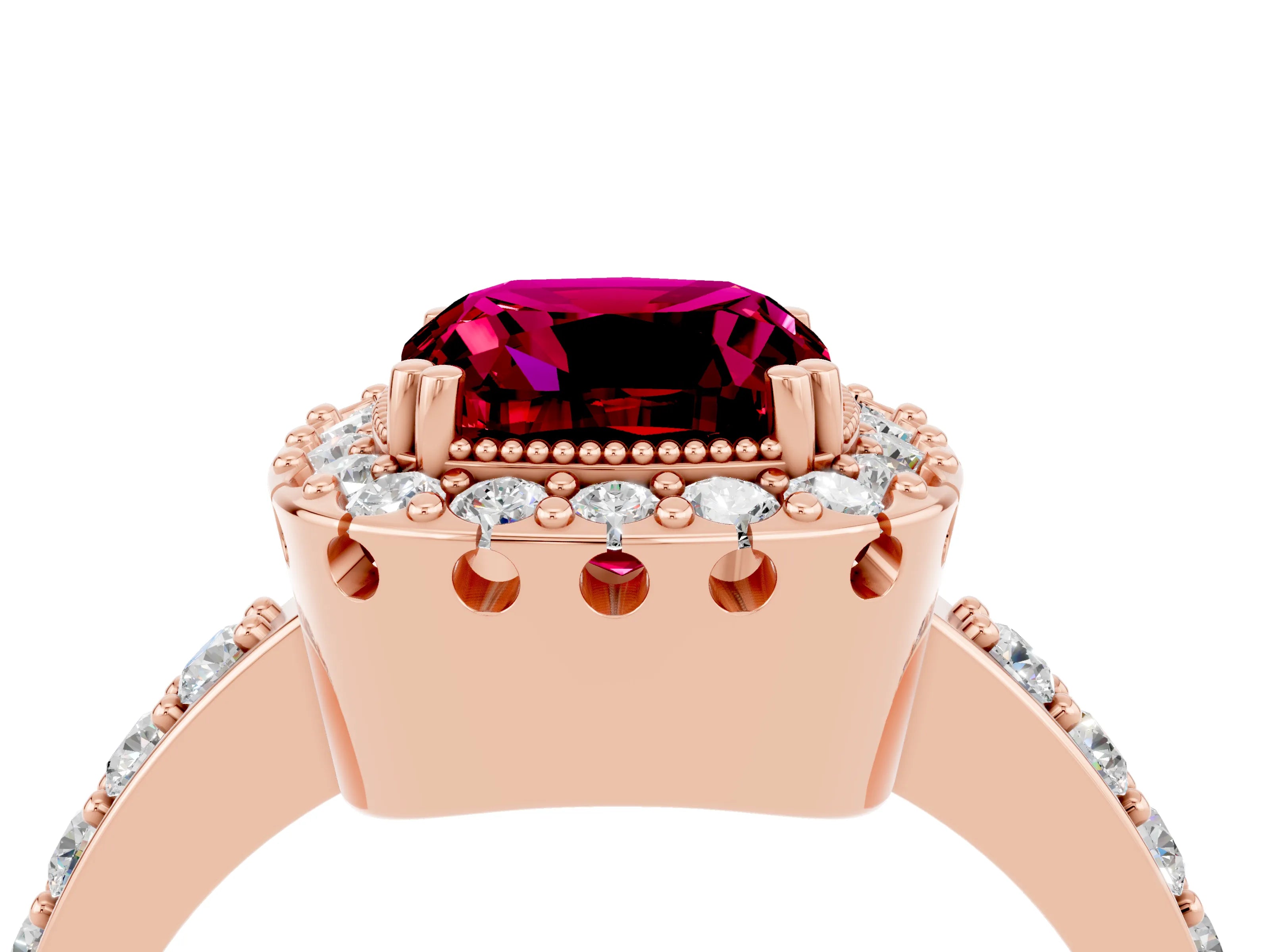 Rose gold Cushion Cut Diamond Halo Ring with Pavé Band and Prong Setting_4