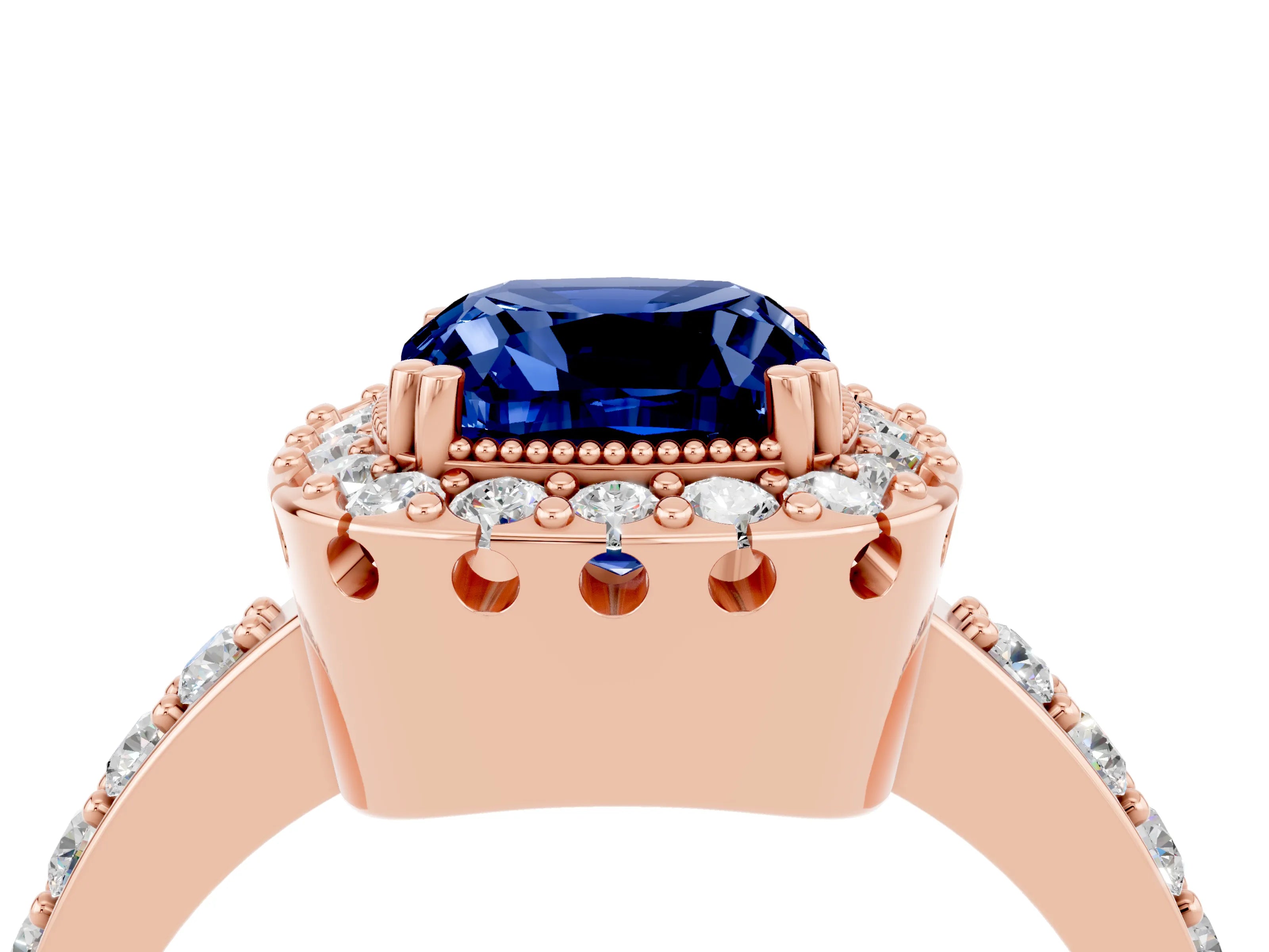 Rose gold Cushion Cut Diamond Halo Ring with Pavé Band and Prong Setting_4