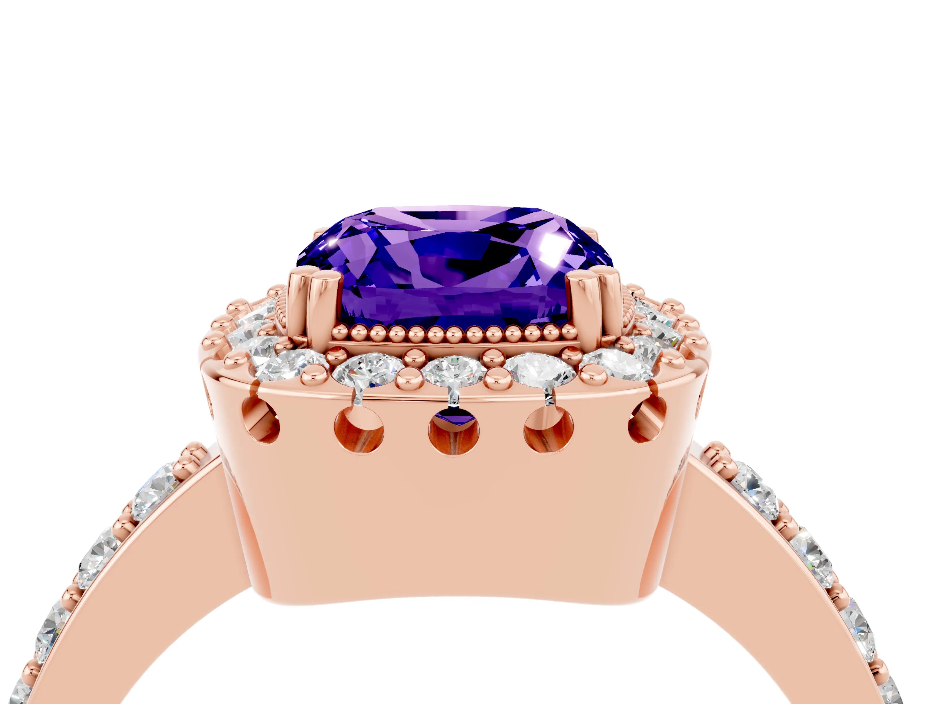 Rose gold Cushion Cut Diamond Halo Ring with Pavé Band and Prong Setting_4