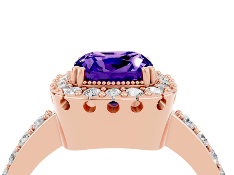 Rose gold Cushion Cut Diamond Halo Ring with Pavé Band and Prong Setting_4