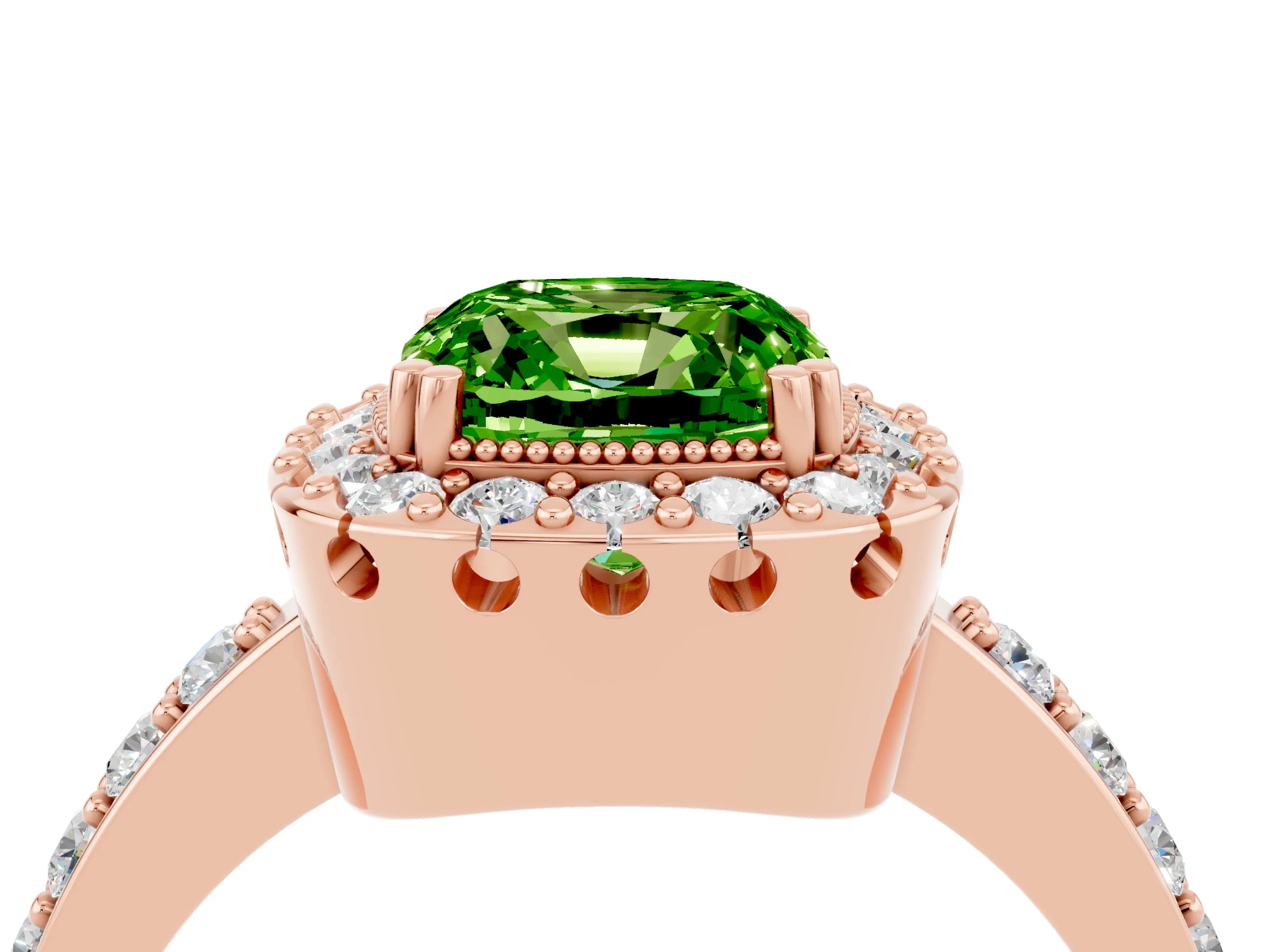 Rose gold Cushion Cut Diamond Halo Ring with Pavé Band and Prong Setting_4