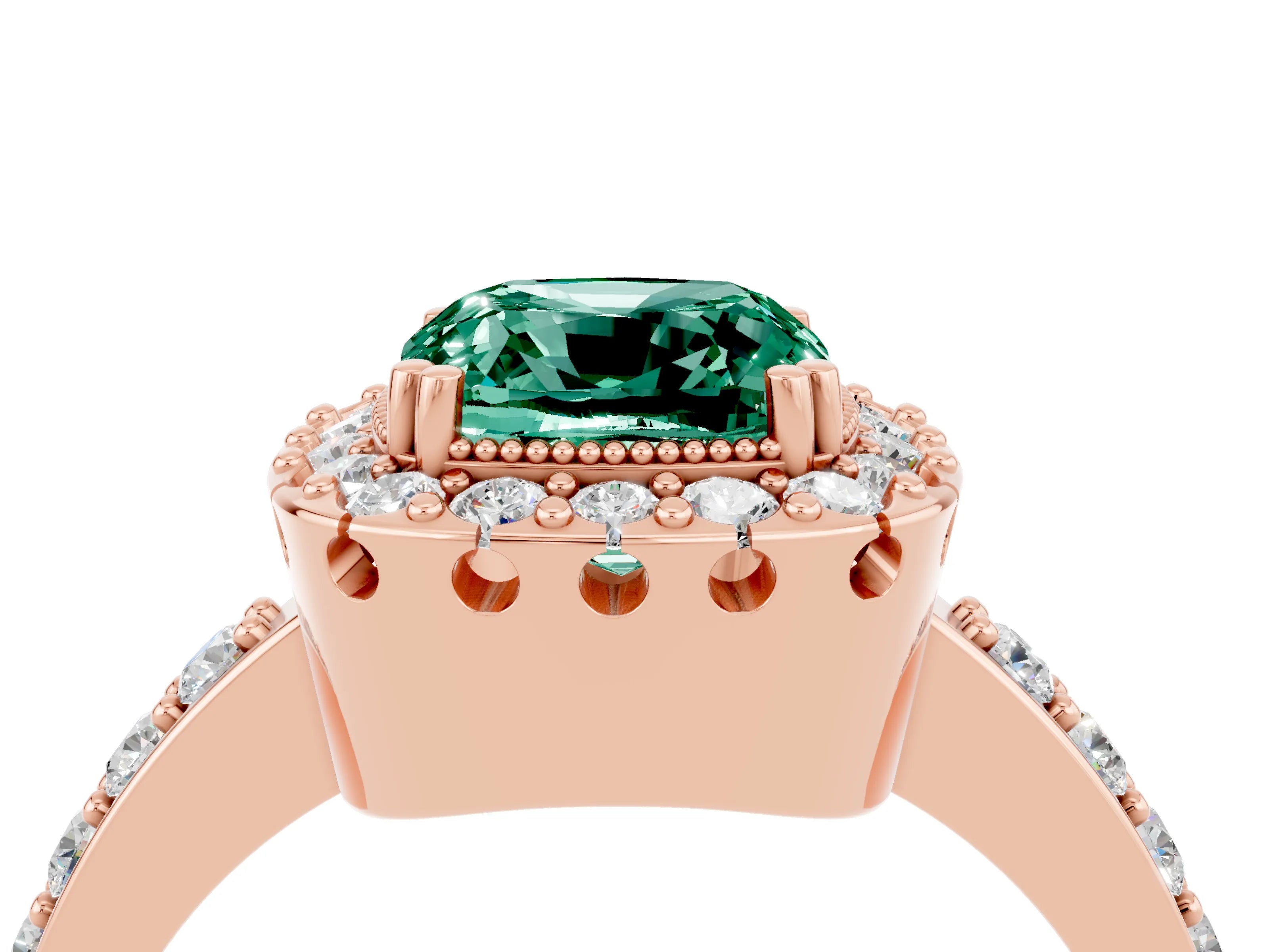 Rose gold Cushion Cut Diamond Halo Ring with Pavé Band and Prong Setting_4