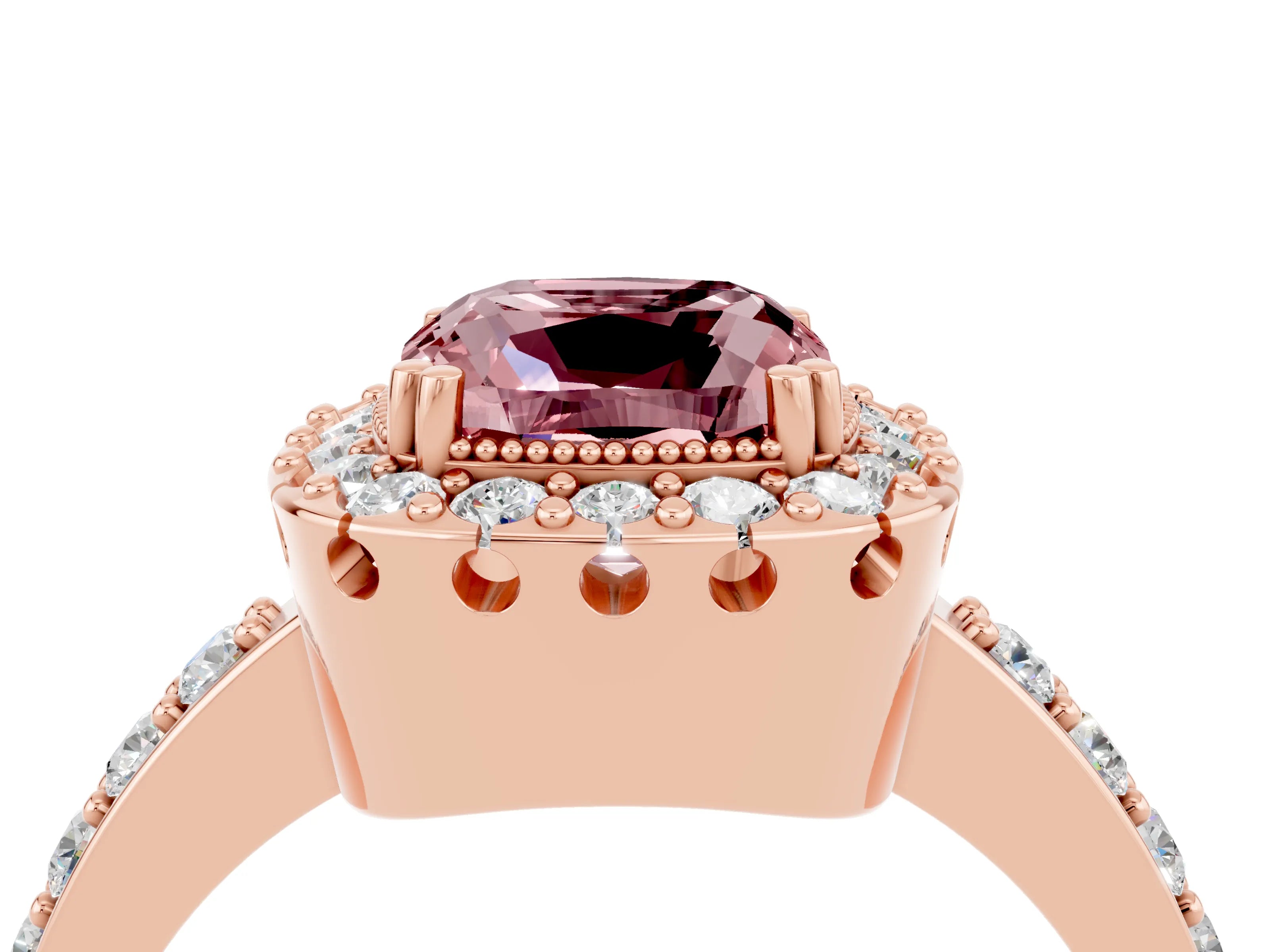 Rose gold Cushion Cut Diamond Halo Ring with Pavé Band and Prong Setting_4
