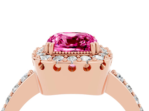Rose gold Cushion Cut Diamond Halo Ring with Pavé Band and Prong Setting_4