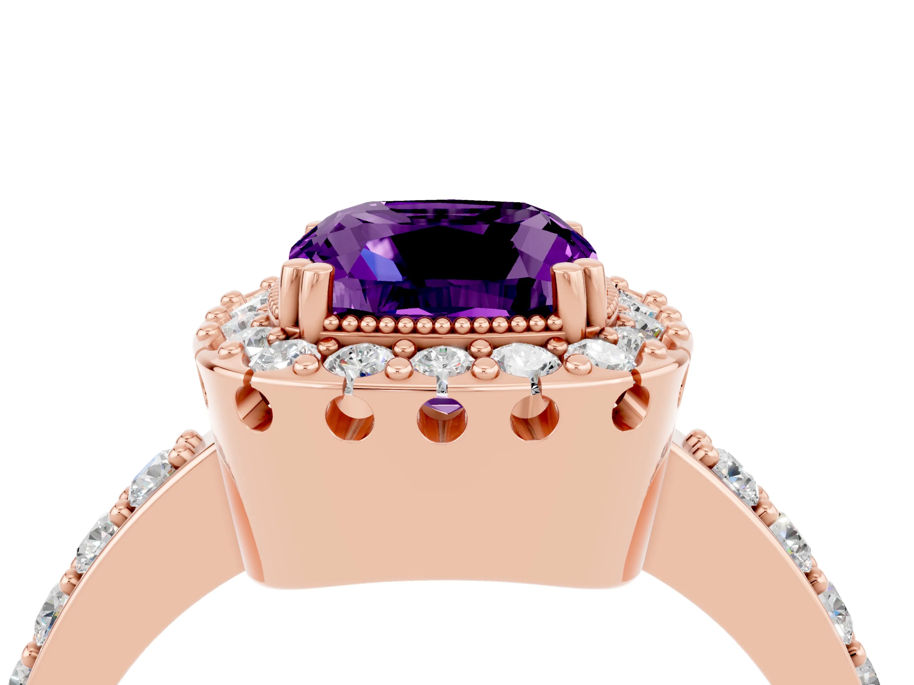 Rose gold Cushion Cut Diamond Halo Ring with Pavé Band and Prong Setting_4