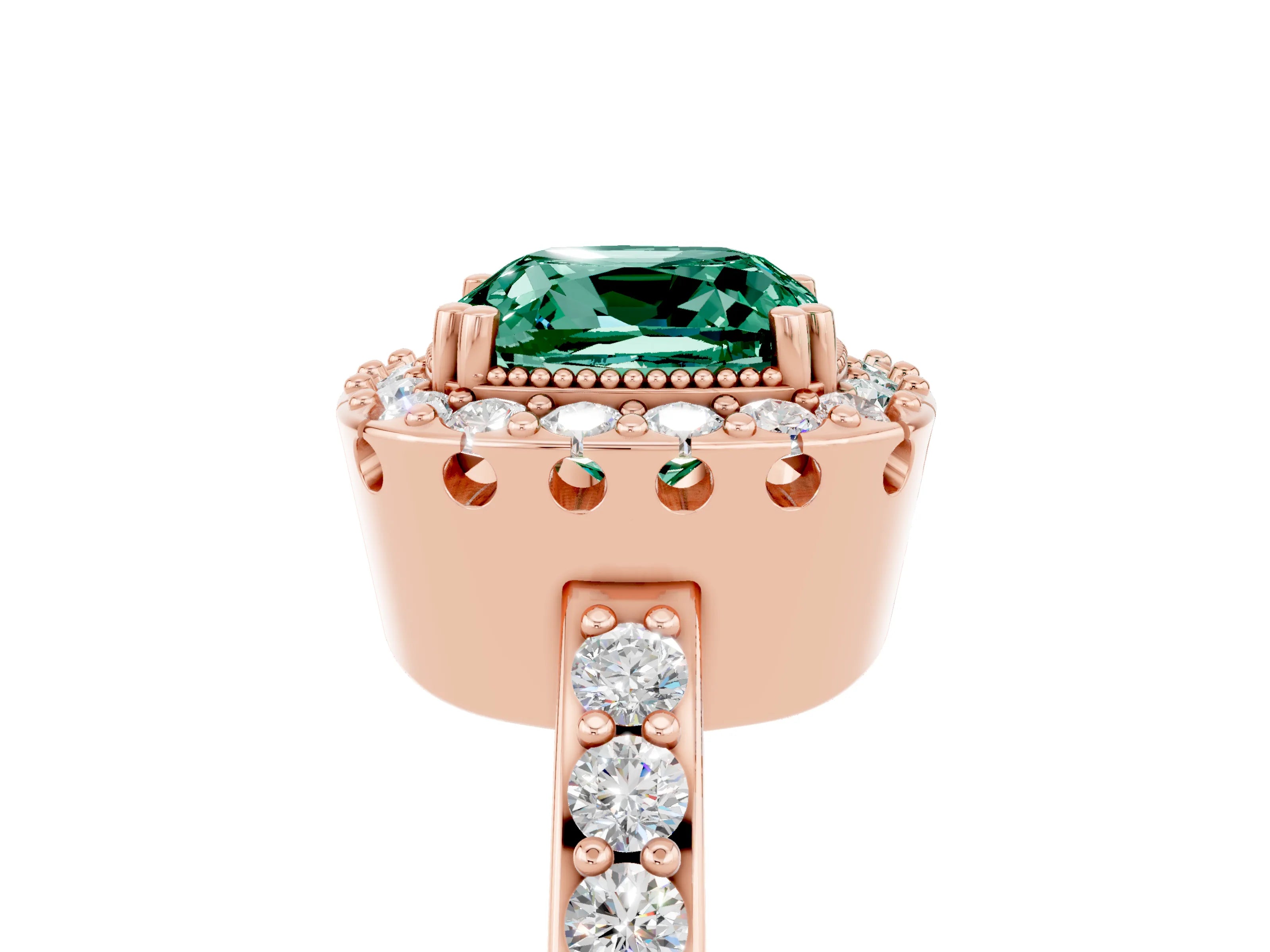 Rose gold Cushion Cut Diamond Halo Ring with Pavé Band and Prong Setting_5
