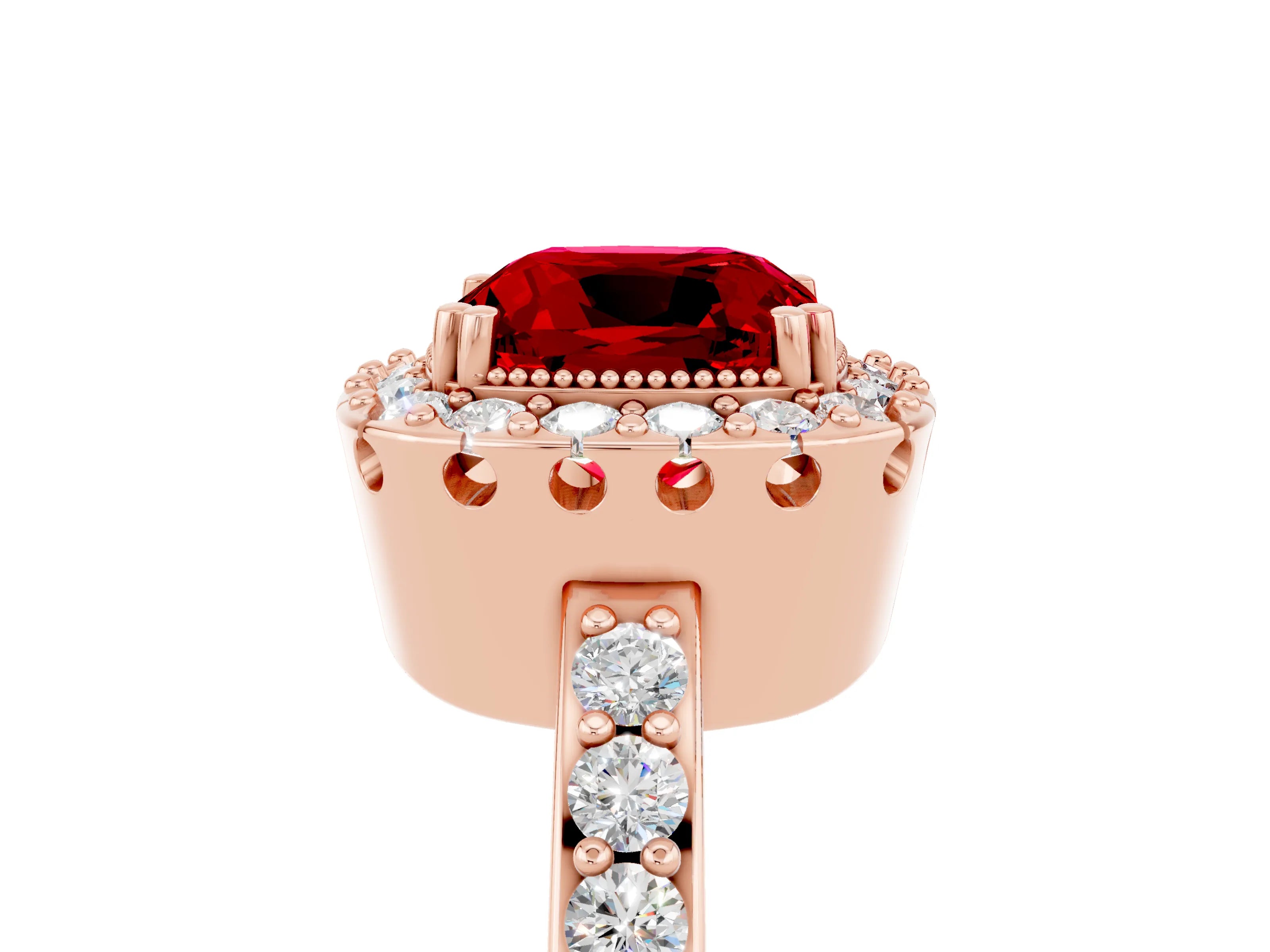 Rose gold Cushion Cut Diamond Halo Ring with Pavé Band and Prong Setting_5
