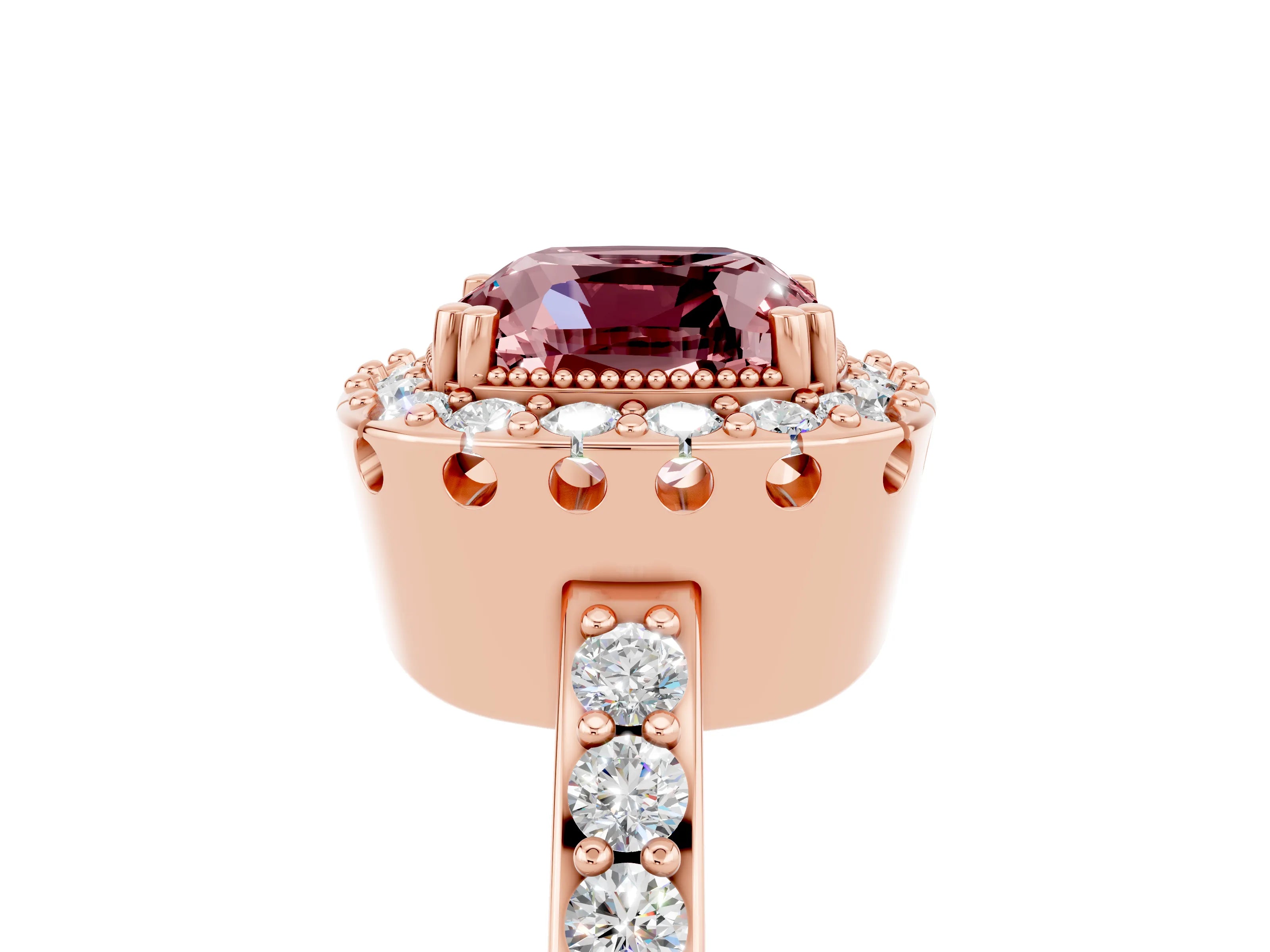 Rose gold Cushion Cut Diamond Halo Ring with Pavé Band and Prong Setting_5