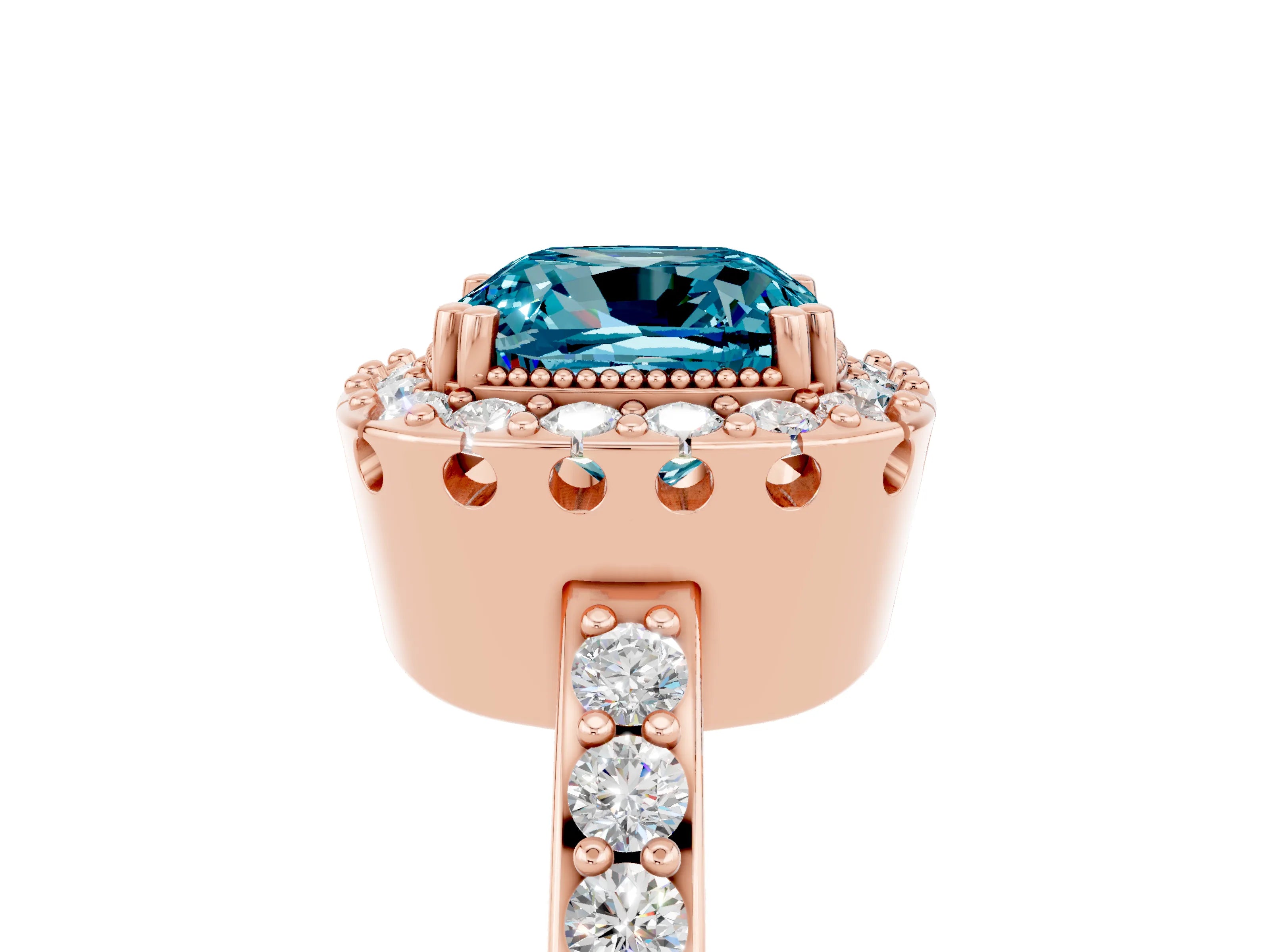 Rose gold Cushion Cut Diamond Halo Ring with Pavé Band and Prong Setting_5
