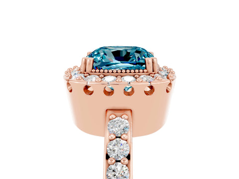 Rose gold Cushion Cut Diamond Halo Ring with Pavé Band and Prong Setting_5