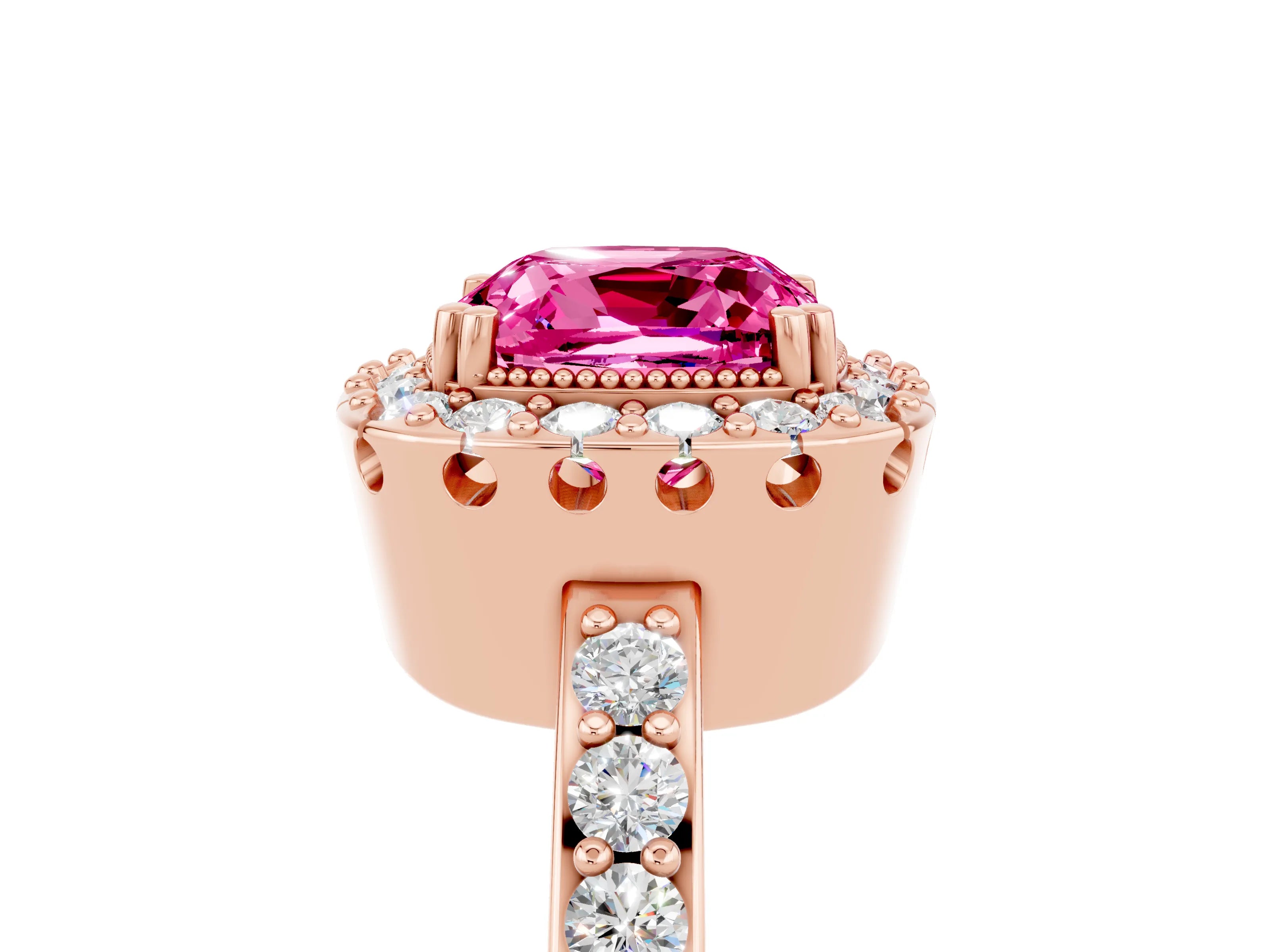 Rose gold Cushion Cut Diamond Halo Ring with Pavé Band and Prong Setting_5