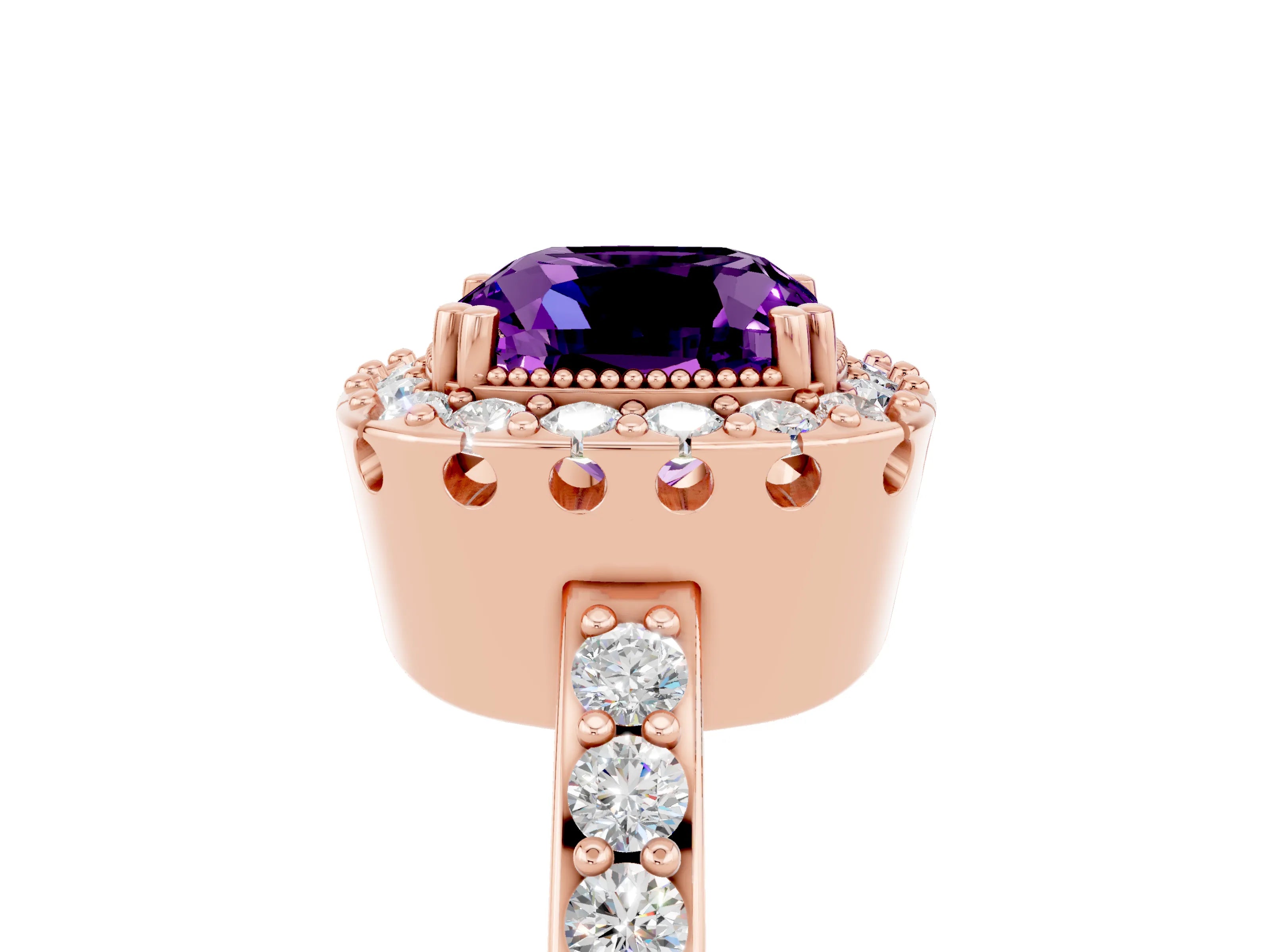 Rose gold Cushion Cut Diamond Halo Ring with Pavé Band and Prong Setting_5