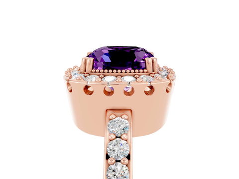 Rose gold Cushion Cut Diamond Halo Ring with Pavé Band and Prong Setting_5
