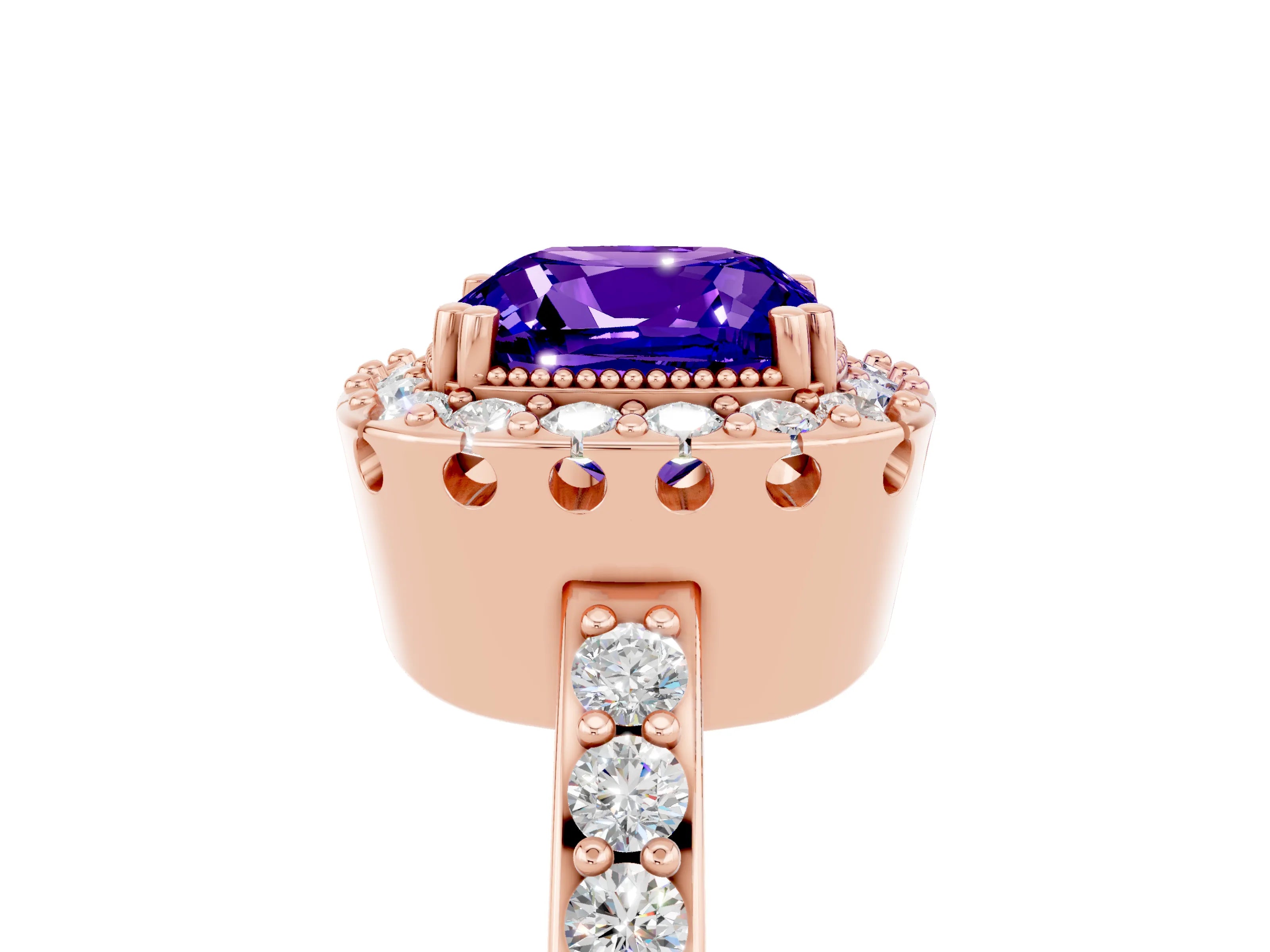 Rose gold Cushion Cut Diamond Halo Ring with Pavé Band and Prong Setting_5