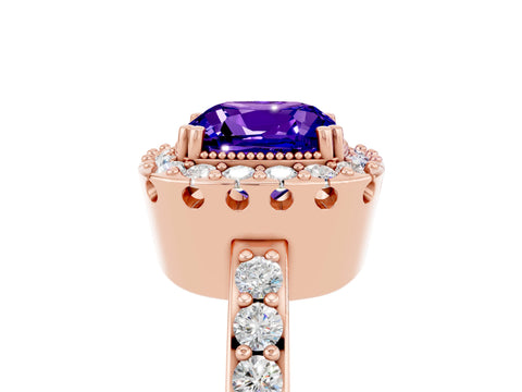 Rose gold Cushion Cut Diamond Halo Ring with Pavé Band and Prong Setting_5