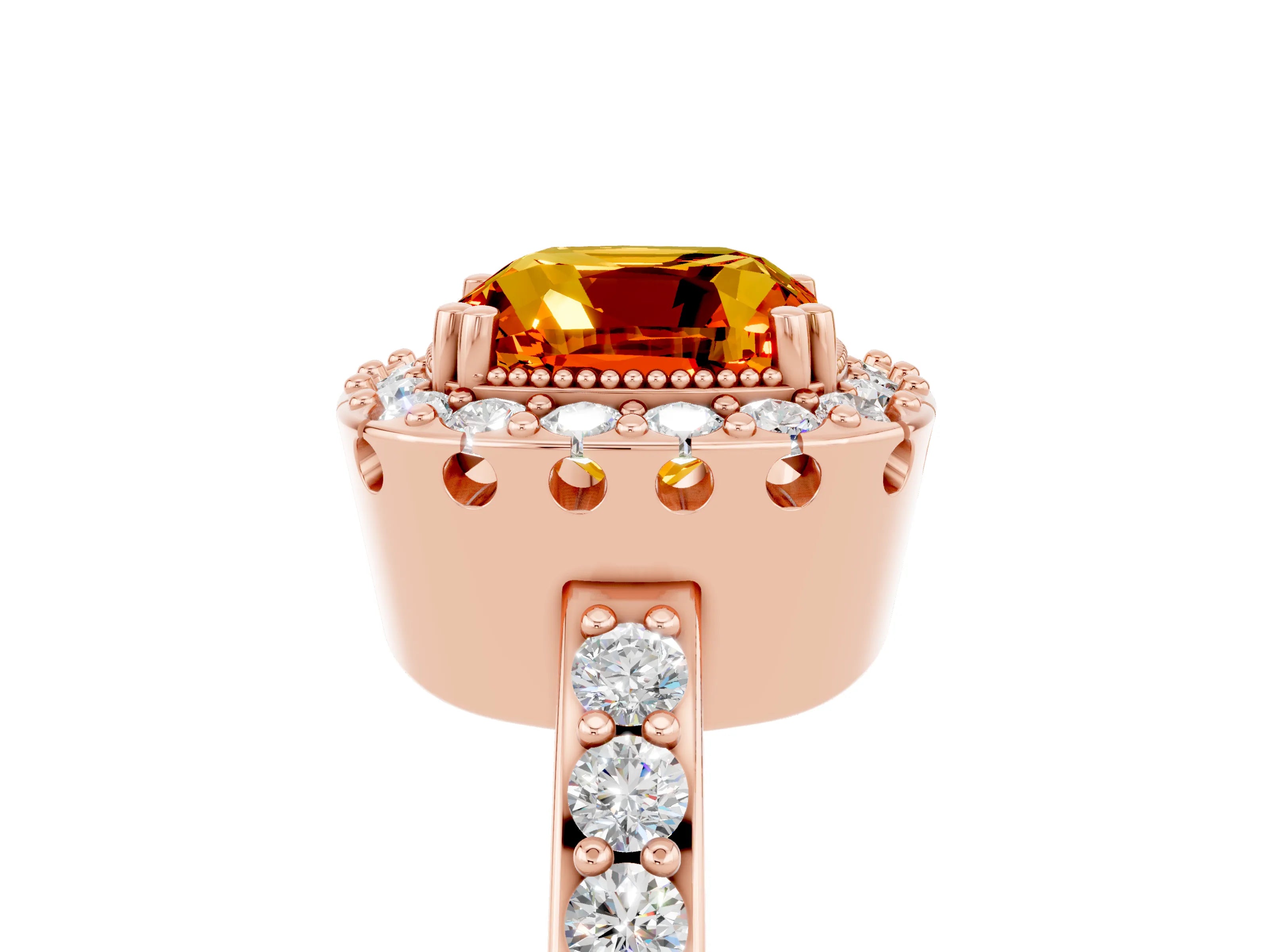 Rose gold Cushion Cut Diamond Halo Ring with Pavé Band and Prong Setting_5