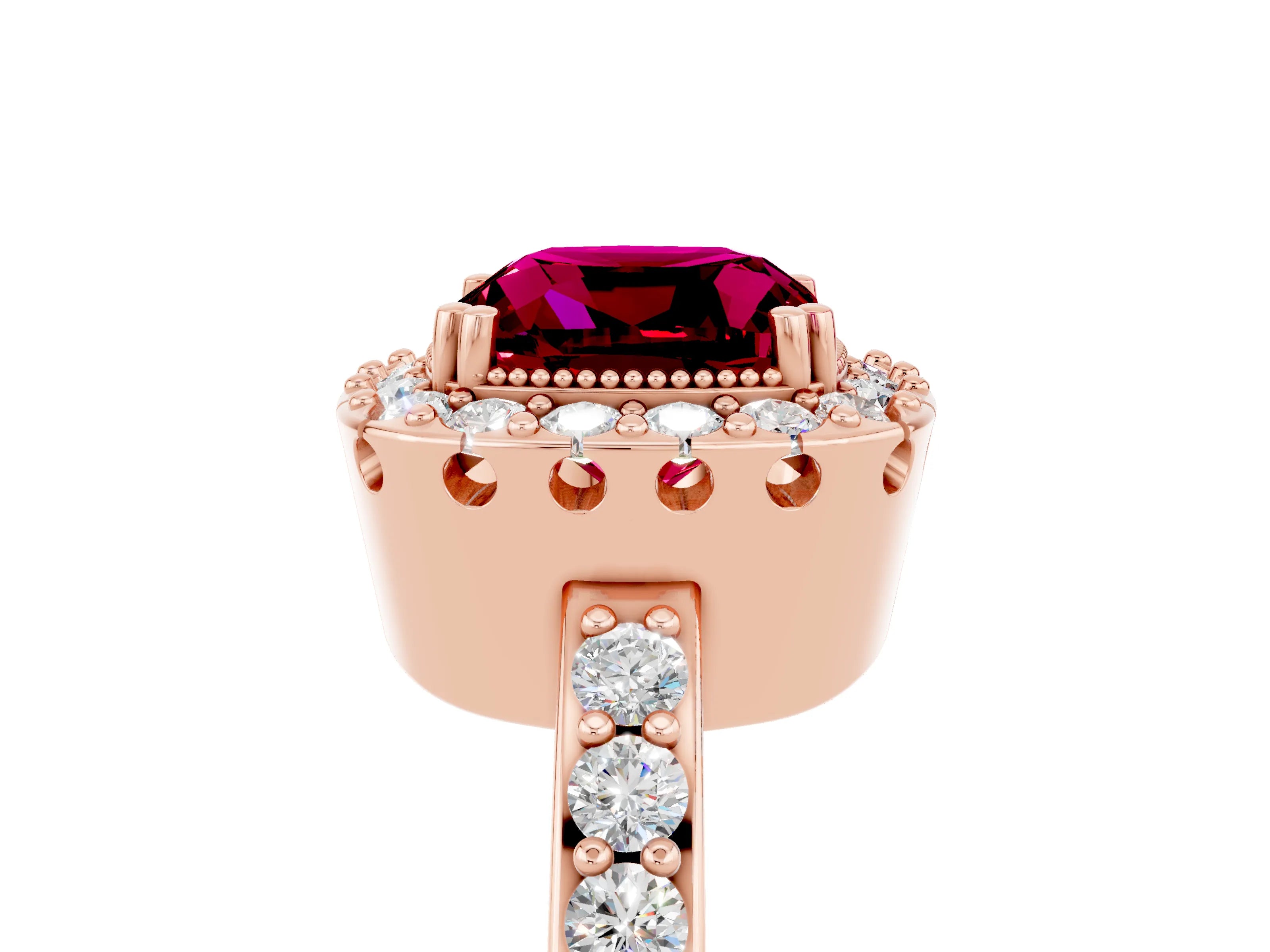 Rose gold Cushion Cut Diamond Halo Ring with Pavé Band and Prong Setting_5