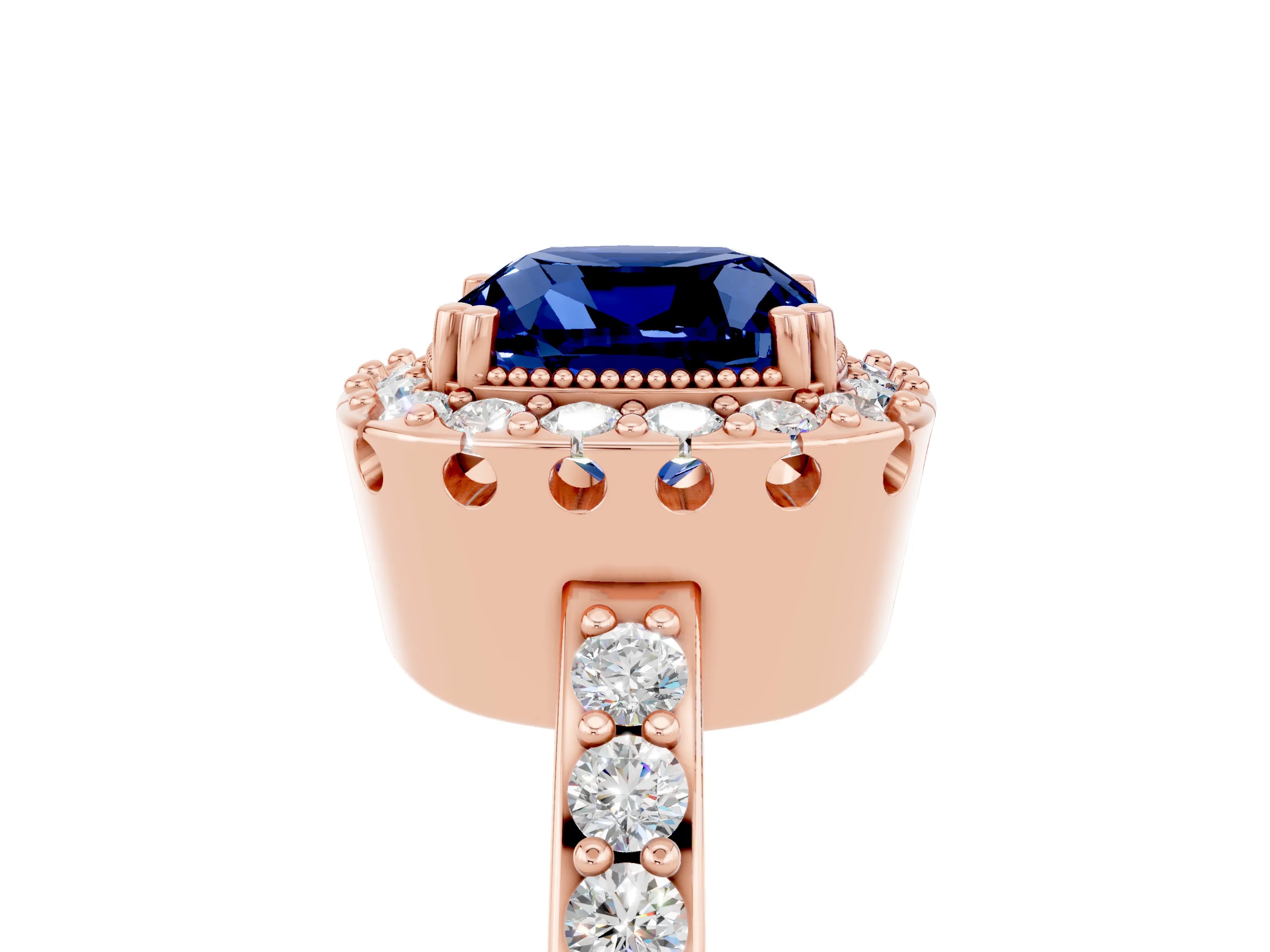 Rose gold Cushion Cut Diamond Halo Ring with Pavé Band and Prong Setting_5
