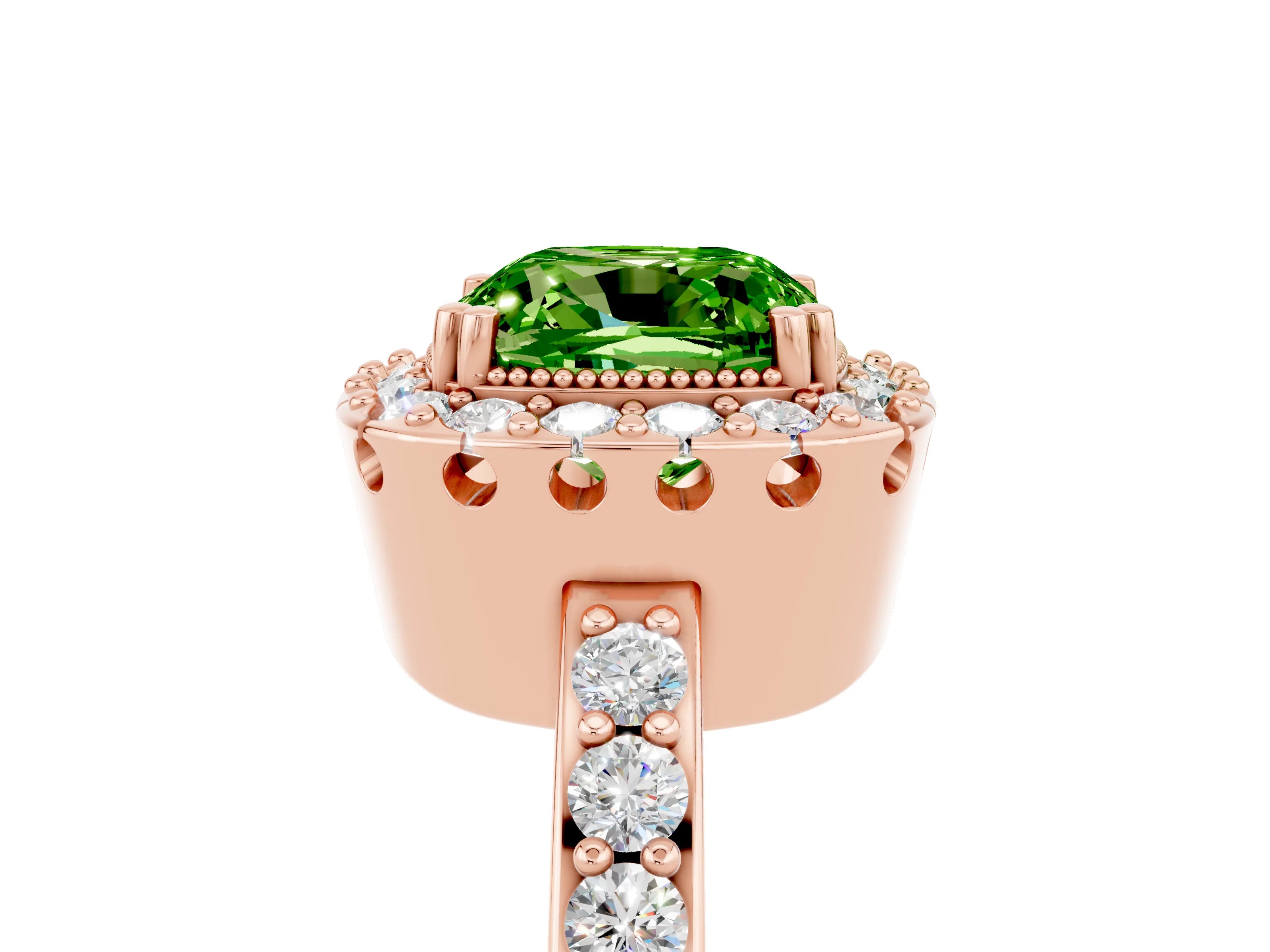 Rose gold Cushion Cut Diamond Halo Ring with Pavé Band and Prong Setting_5
