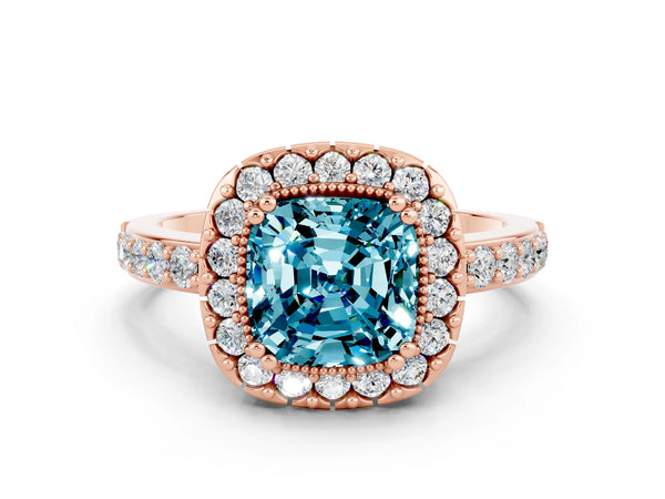 Rose gold Cushion Cut Blue Topaz Halo Ring with Pavé Band and Prong Setting