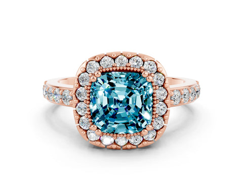 Rose gold Cushion Cut Diamond Halo Ring with Pavé Band and Prong Setting