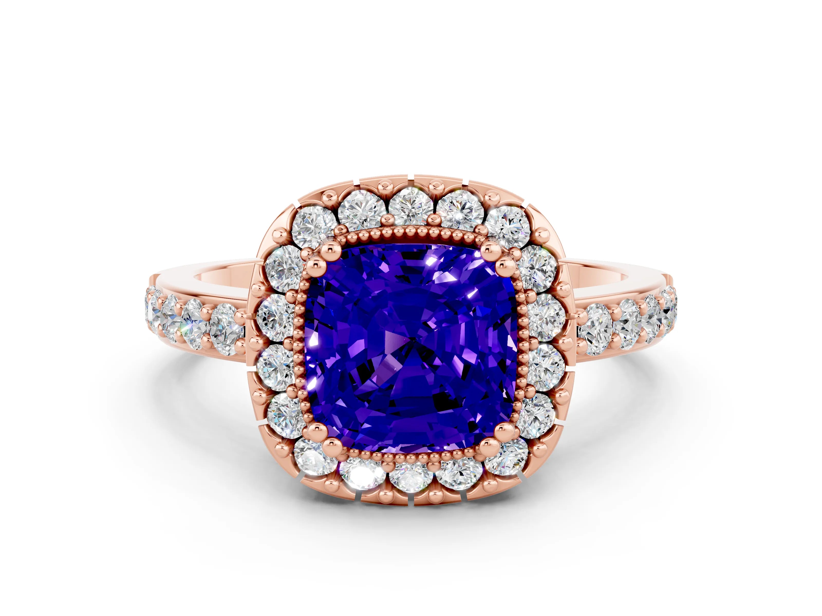 Rose gold Cushion Cut Diamond Halo Ring with Pavé Band and Prong Setting
