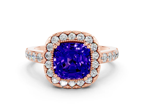 Rose gold Cushion Cut Tanzanite Halo Ring with Pavé Band and Prong Setting