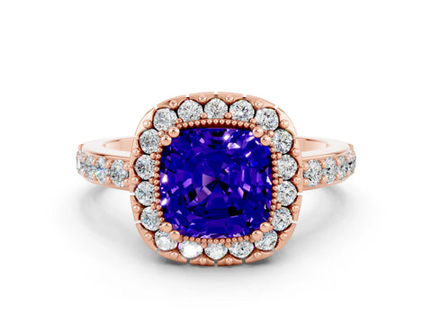 Rose gold Cushion Cut Diamond Halo Ring with Pavé Band and Prong Setting
