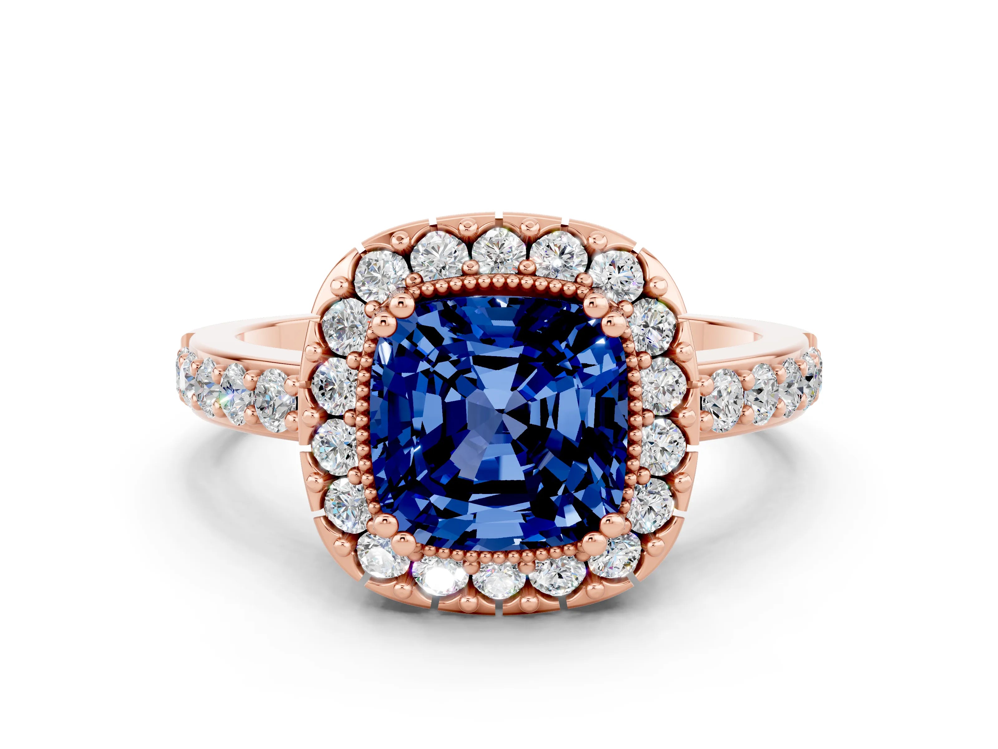 Rose gold Cushion Cut Diamond Halo Ring with Pavé Band and Prong Setting