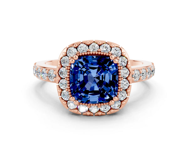 Rose gold Cushion Cut Blue Sapphire Halo Ring with Pavé Band and Prong Setting