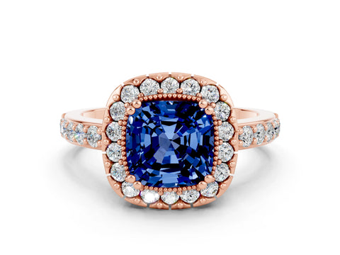 Rose gold Cushion Cut Diamond Halo Ring with Pavé Band and Prong Setting