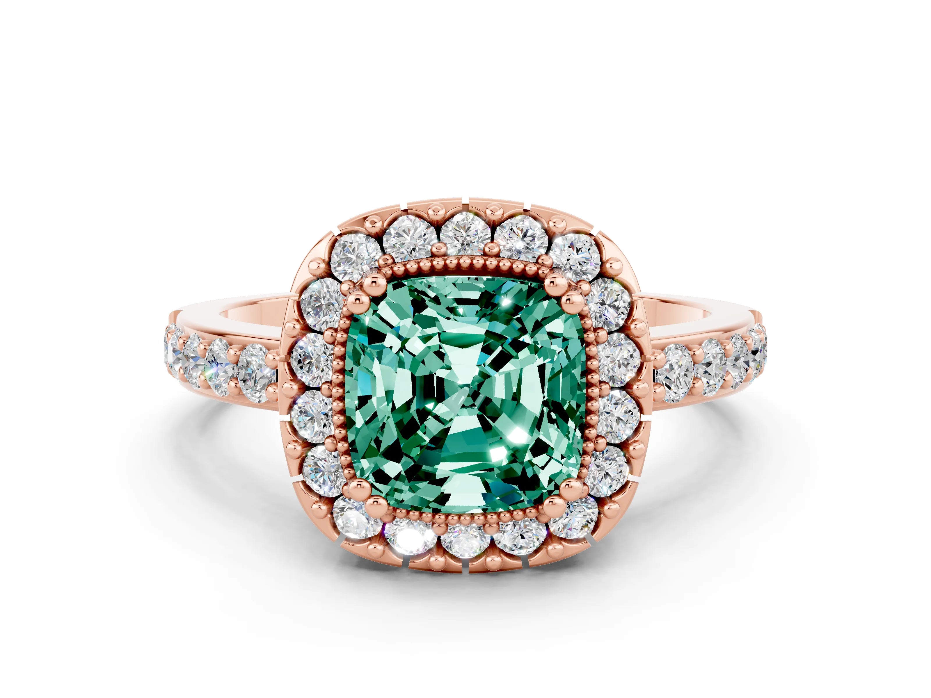 Rose gold Cushion Cut Diamond Halo Ring with Pavé Band and Prong Setting